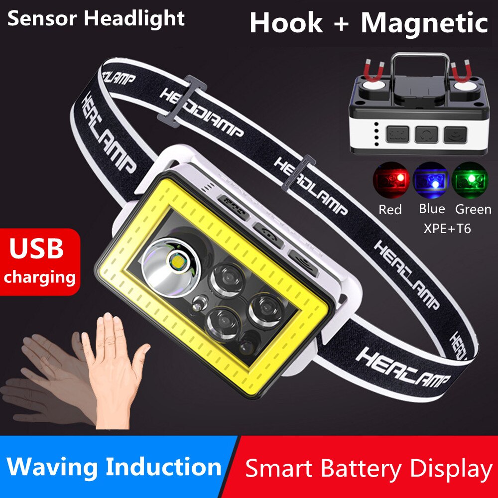 슈퍼 브라이트 IR 모션 센서 LED 전조등, 핸즈프리, 강력한 USB 충전식 COB 작업용 방수 조명, 하이킹용